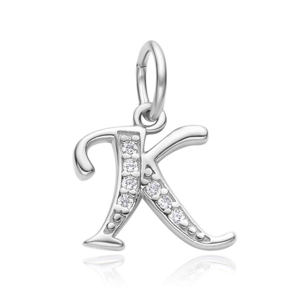 1pc 925 Sterling Silver Letter K Charm, Tarnish Resistant Rhodium Plated, Cubic Zirconia CZ Name Initial Pendant Drop,SSP-C11