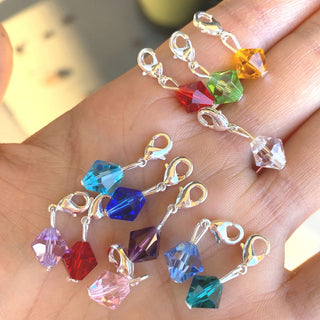 1 Set/12pcs Mixed Clip On Dangle Birthstone Charm Drops, 8mm Bicone Crystal Beads, Sterling Silver Plated Clasps, BL1