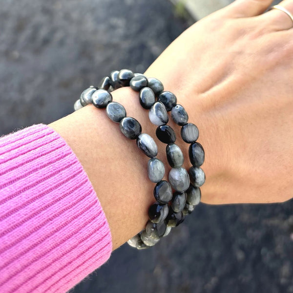 1 Strand Stretch Natural Grade A Eagle Eye Free Form Gemstone Bracelet, 7-10mm Beads, Length Selections: 7 inch/7.5 inch