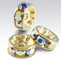 100pcs Grade A Rhinestone Rondelle Beads, Clear AB Rhinestone, 18K Yellow Gold Plated Brass, Size Selections: 4mm/5mm/6mm/8mm/10mm/12mm