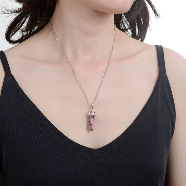 1pc Natural Rhodonite Gemstone Pendant Necklace, 18 Inch Surgical Stainless Steel Chain, GGP-C9