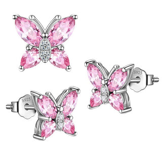 1 Pair 925 Sterling Silver October Birthstone Butterfly Stud Earrings, 10mm, Cubic Zirconia CZ Pink Tourmaline Stone, SSE83-10