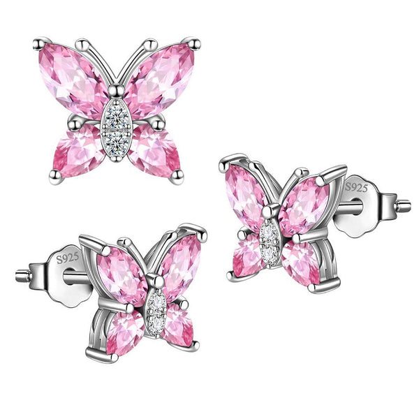 1 Pair 925 Sterling Silver October Birthstone Butterfly Stud Earrings, 10mm, Cubic Zirconia CZ Pink Tourmaline Stone, SSE83-10