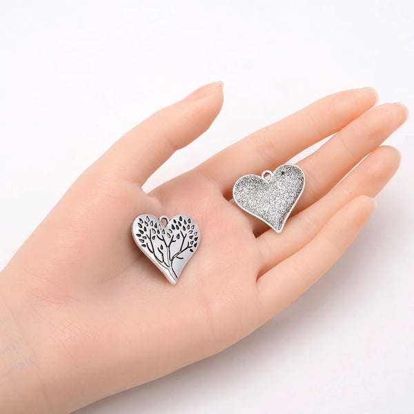 20pcs Tree of Life Heart Charms, 28mm Large One Sided Heart Drop Pendants, Antique Silver, MC-D9