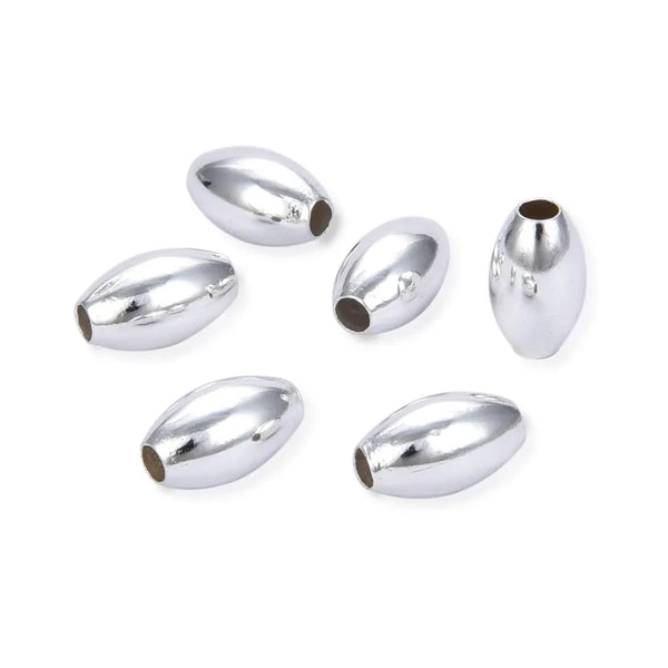 100pcs Smooth Oval Rice Beads, Sterling Silver Plated Brass, Size Selections: 7x4mm, 8x5mm, 10x6mm, 12x7mm