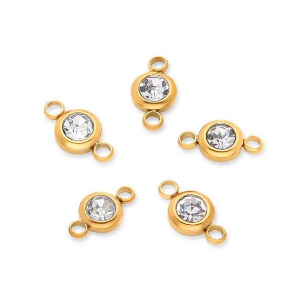 10pcs Grade A April Crystal Clear Birthstone Links, 18K Yellow Gold Plated Stainless Steel, Tarnish Resistant, 6mm, CCP35-4