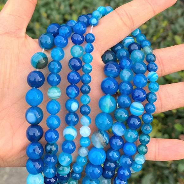 AAA Natural Banded Blue Agate Gemstone Round Beads, 15 Inch/1 Strand, Size Selections: 4mm/6mm/8mm/10mm