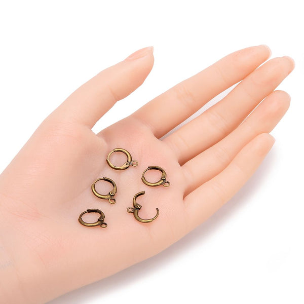 50pcs Round Hoop Huggie Leverback Earring Hooks, Open Ring, Antique Bronze Plated Brass, 14mm, CF262-4