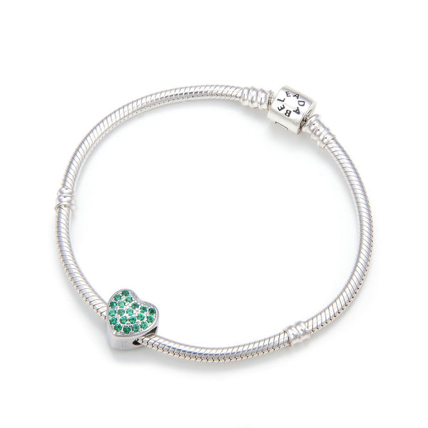 1pc 925 Sterling Silver Love Heart May Birthstone Bead Charm, Green Emerald Cubic Zirconia CZ, 10mm, Hole ID 4.5mm, EC1-L5