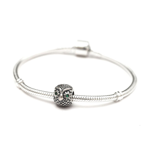 1pc Real Solid Sterling Silver Owl Charm Wisdom Bead Cubic Zirconia CZ, Compatible with Pandora All Other Charm Bracelets, EC671