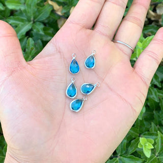 10pcs Grade A March Aquamarine Blue Teardrop Birthstone Charm Drop, Sterling Silver Plated Brass, Size Selections: 11x7mm, 14x8mm, 16x9mm