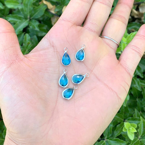 10pcs Grade A March Aquamarine Blue Teardrop Birthstone Charm Drop, Sterling Silver Plated Brass, Size Selections: 11x7mm, 14x8mm, 16x9mm