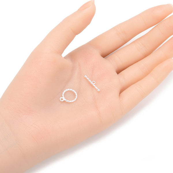 2 Sets 925 Sterling Silver Round Twisted Toggle Clasps, T-Bar Jewelry Closure, 12mm (0.47 Inch), SS396