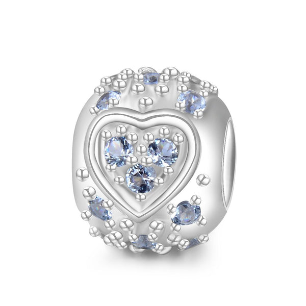 1pc 925 Sterling Silver Round Heart Pattern March Birthstone Bead Charm, Blue Aquamarine Cubic Zirconia CZ, 11x9mm, Hole ID 4.5mm, EC1-H3