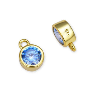 2pcs 925 Sterling Silver 4mm Tiny March Birthstone Charm Drop Pendants, Real 18K Yellow Gold Plated, Aquamarine Blue Cubic Zirconia Gemstone, SXP3-3