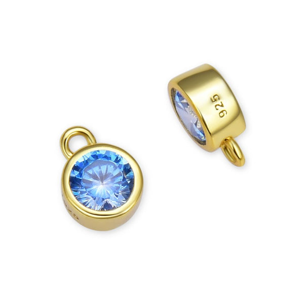 2pcs 925 Sterling Silver 6mm March Birthstone Charm Drop Pendants, Real 18K Yellow Gold Plated, Aquamarine Blue Cubic Zirconia Gemstone, SXP7-3