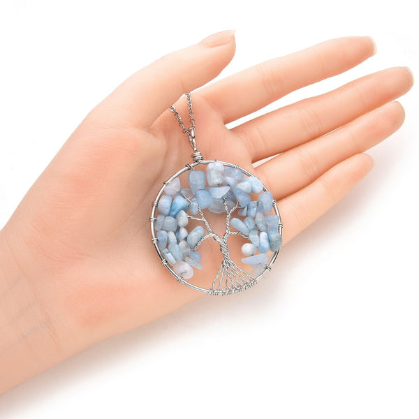 1pc Tree of Life Prosperity Necklace, Natural Blue Aquamarine Gemstone Pendant, 26 inch Surgical Stainless Steel Chain, GGP9-12