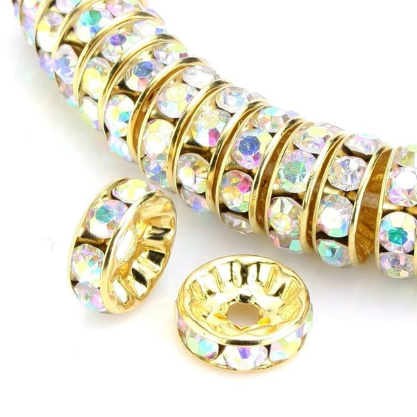 100pcs Grade A Rhinestone Rondelle Beads, Clear AB Rhinestone, 18K Yellow Gold Plated Brass, Size Selections: 4mm/5mm/6mm/8mm/10mm/12mm
