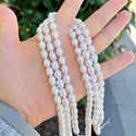 14 Inch Natural A+ Grade Lustrous Teardrop Oval Rice Pearl Beads, White Cultured Freshwater Pearls, 7-8mm, Hole ID 0.8mm, PB2-78