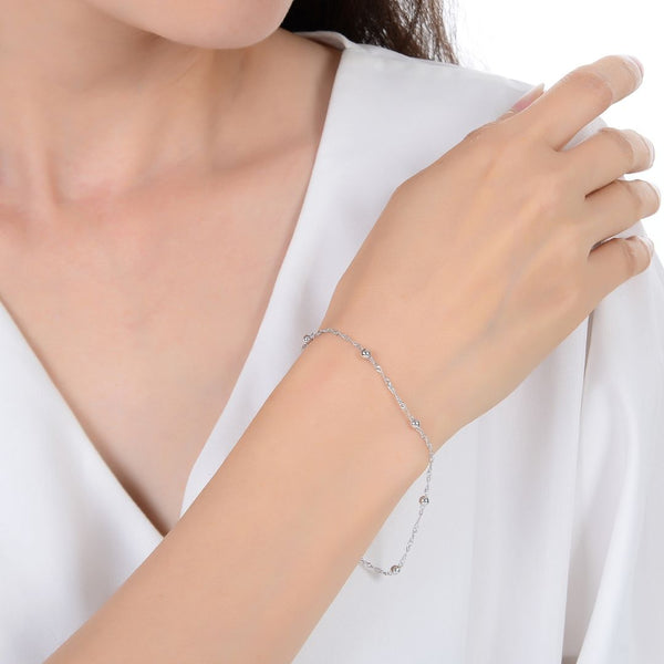 1pc 925 Sterling Silver 3mm Bead Station Singapore Chain Bracelet, Length Selections: 6.5 inch/7 inch/7.5 inch/8 inch