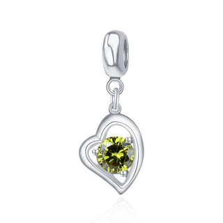 1pc 925 Sterling Silver Love Heart August Birthstone Charm Drop, Green Peridot Cubic Zirconia CZ, 26mm (1 inch) Long, Hole ID 4.5mm, EC1-E8