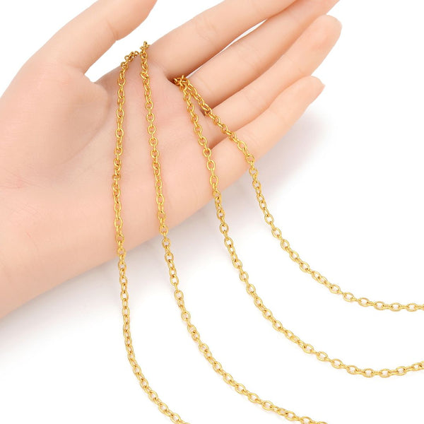 16.5 Feet Tarnish Resistant Oval Ring Rolo Cable Chain Link, 24K Yellow Gold Plated, Long Lasting, Size Selections: 3x2.5mm, 3.5x3mm, 4.3x3.3mm