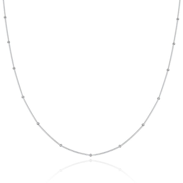 1pc 925 Sterling Silver Bead Station Curb Link Chain Necklace, Tarnish Resistant Rhodium Plated, 1.9mm Beads, Thin Small, Length Selections: 16/18/20/22/24/26/28 Inch