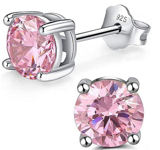 1 Pair 925 Sterling Silver October Birthstone Round Cut Stud Earrings, 8mm/2 Carat Cubic Zirconia CZ Pink Tourmaline Stone, SSE49-10