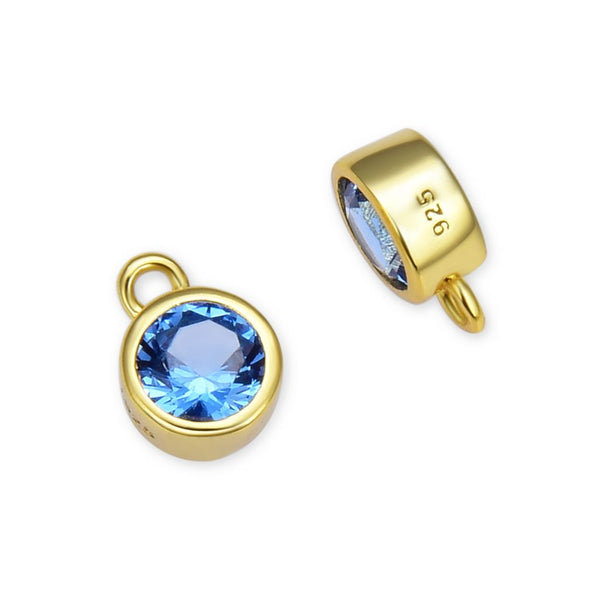 2pcs 925 Sterling Silver 4mm Tiny December Birthstone Charm Drop Pendants, Real 18K Yellow Gold Plated, Blue Topaz Cubic Zirconia Gemstone, SXP3-12