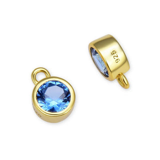 2pcs 925 Sterling Silver 6mm December Birthstone Charm Drop Pendants, Real 18K Yellow Gold Plated, Blue Topaz Cubic Zirconia Gemstone, SXP7-12