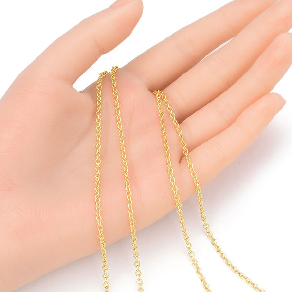 16.5 Feet Tarnish Resistant Oval Ring Rolo Cable Chain Link, 18K Yellow Gold Plated Brass, Size Selections: 3x2.5mm, 3.5x3mm, 4.3x3.3mm