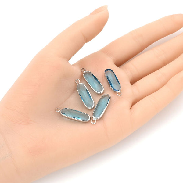 10pcs Grade A March Aquamarine Blue Rectangle Bar Birthstone Charm Drops, Sterling Silver Plated Brass, 21x7mm, CCP8-S3