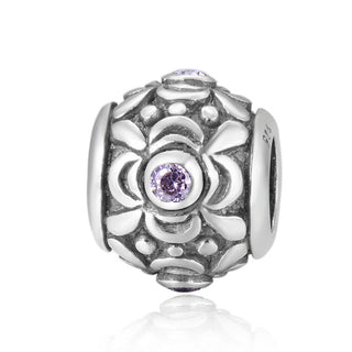 1pc 925 Sterling Silver Round Flower Pattern October Birthstone Bead Charm, Pink Tourmaline Cubic Zirconia CZ, 11.2x9.5mm, Hole ID 4.5mm, EC1-G10