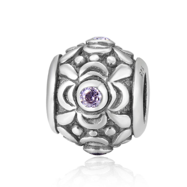1pc 925 Sterling Silver Round Flower Pattern October Birthstone Bead Charm, Pink Tourmaline Cubic Zirconia CZ, 11.2x9.5mm, Hole ID 4.5mm, EC1-G10