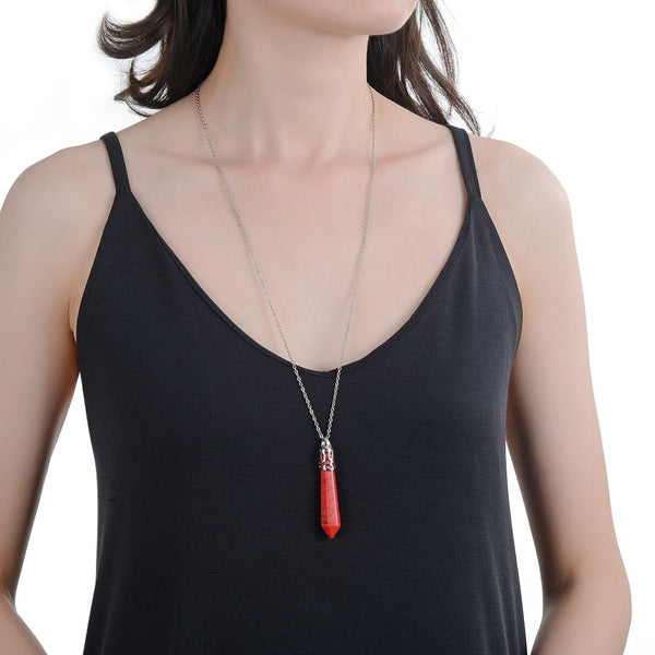 1pc Natural Red Howlite Hexagonal Pile Gemstone Pendant Necklace, 26 Inch Surgical Stainless Steel Chain, GGP-BB13