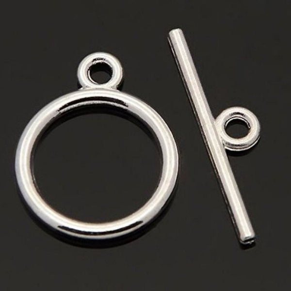 10 Sets Round Toggle Clasps, T-Bar Closure, Sterling Silver Plated Brass, 14mm, CF181-1