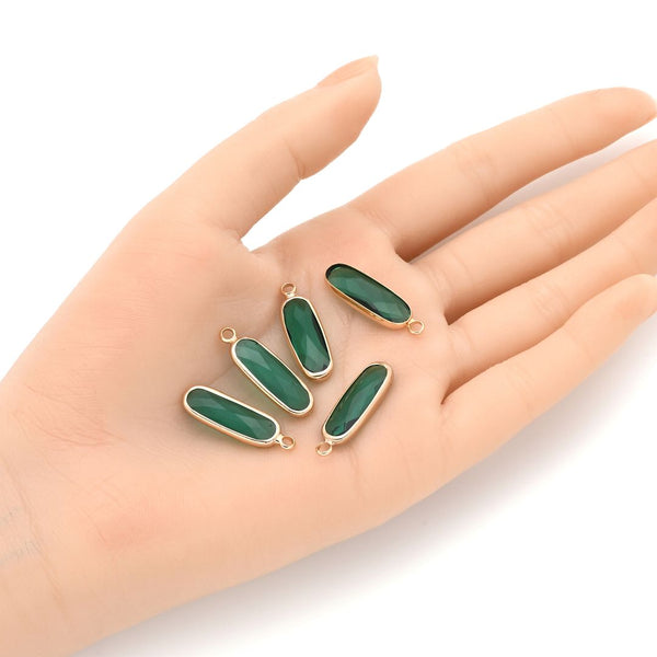 10pcs Grade A May Emerald Green Rectangle Bar Birthstone Charm Drops, 18K Yellow Gold Plated Brass, 21x7mm, CCP8-G5