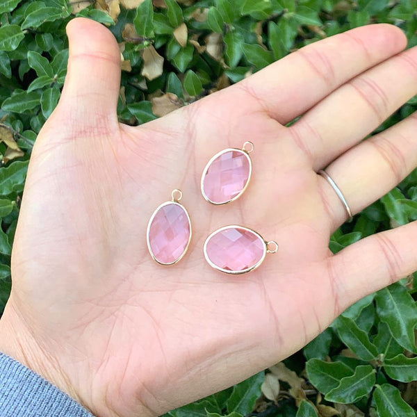 10pcs Grade A October Pink Oval Birthstone Charm Drops, 18K Yellow Gold Plated Brass, 18x13mm, CCP6-G10