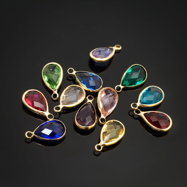 10pcs Grade A March Aquamarine Blue Teardrop Birthstone Charm Drop, 18K Yellow Gold Plated Brass, Size Selections: 11x7mm, 14x8mm, 16x9mm