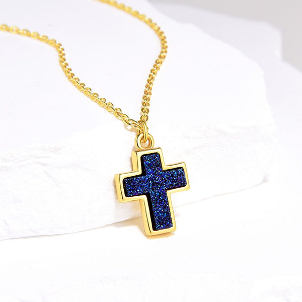 1pc Natural Druzy Crystal Pendant Necklace, Purple Blue Cross Drop Small Gemstone Pendant, 18 inch Gold Plated Stainless Steel Chain, GGP20-6