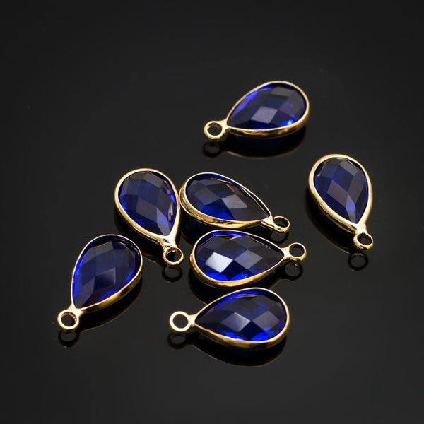 10pcs Grade A September Sapphire Blue Teardrop Birthstone Charm Drop, 18K Yellow Gold Plated Brass, Size Selections: 11x7mm, 14x8mm, 16x9mm