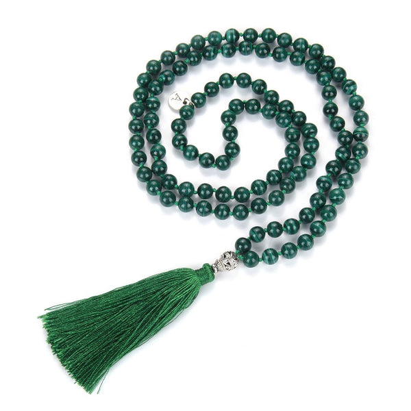 Adabele Premium 108 Mala Bead Tassel Necklace, 8mm Natural Green Malachite Gemstone, Buddhist Japa Prayer Beaded Jewelry RGN23