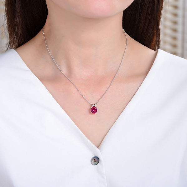 925 Sterling Silver July Birthstone Solitaire Necklace, 8mm/2 Carat Red Ruby Cubic Zirconia CZ, Length Selections: 16 inch/18 inch