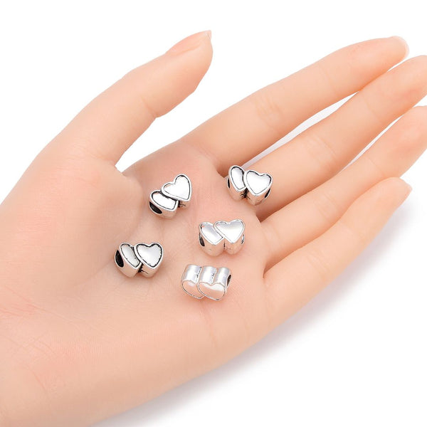 20pcs Double Love Heart Large Hole Beads, Hole ID 4.5mm, Antique Silver, Zinc Alloy Metal, MEC-B9