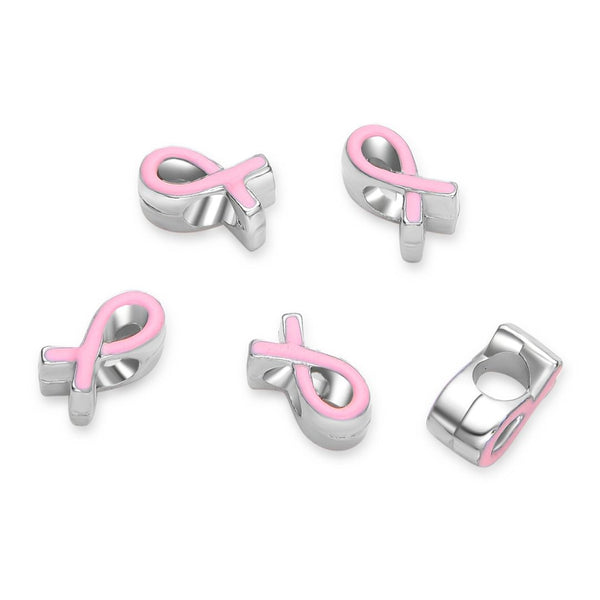 20pcs Pink Enamel Ribbon Symbol of Awareness Large Hole Beads, Hole ID 4.5mm, Antique Silver, Zinc Alloy Metal, MEC-C14