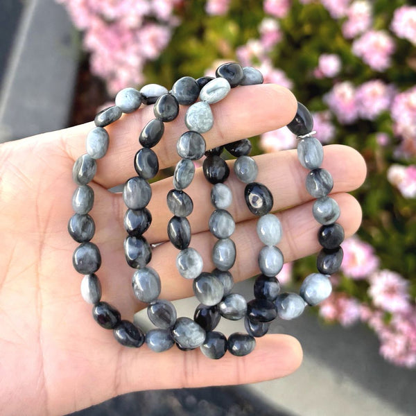 1 Strand Stretch Natural Grade A Eagle Eye Free Form Gemstone Bracelet, 7-10mm Beads, Length Selections: 7 inch/7.5 inch