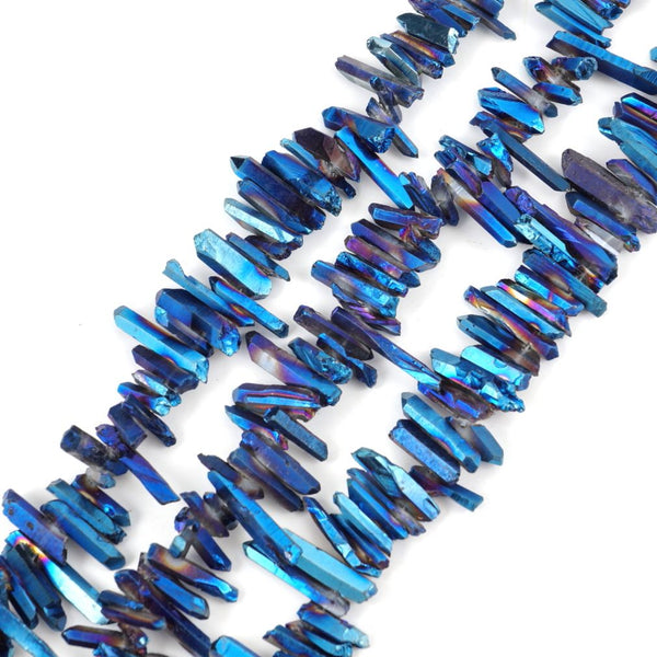 1 Strand Natural Raw Crystal Quartz Gemstone Beads, Small Drilled Stone Points, Sapphire Blue AB Titanium Coated Stone Stick, 15 Inch, GA4