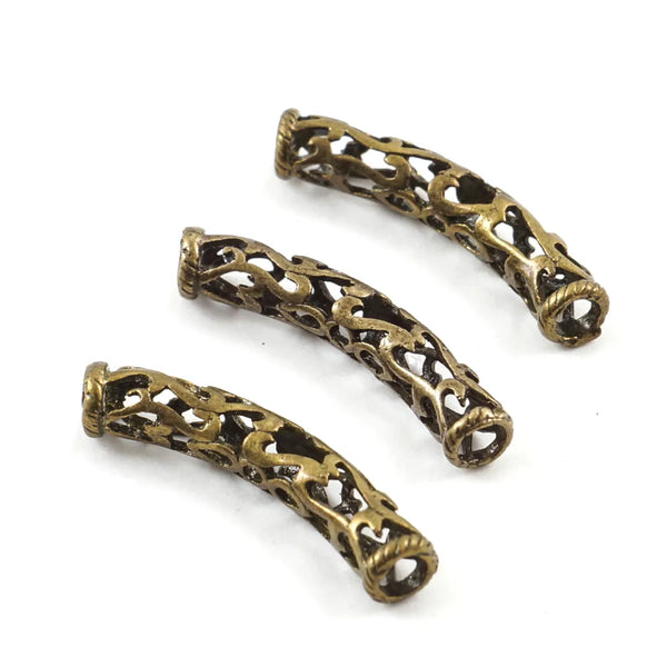 10pcs Large Hole Filigree Flower Tube Beads, Antique Bronze Plated Brass, 28mm, Hole ID 4mm, CF162-B