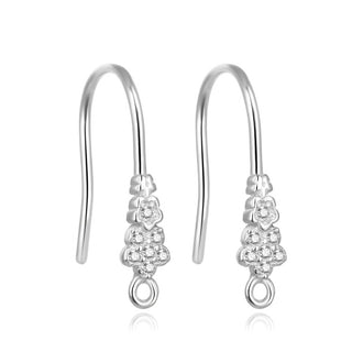 4pcs 925 Sterling Silver Fancy 3-Flower Pattern Earring Hooks, 7 Cubic Zirconia, Tarnish Resistant Rhodium Plated, 18mm, SS469