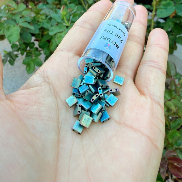 10g Miyuki Full Tila Seed Beads 5x5mm, Matte Metallic Iris Green Patina (TL2008)